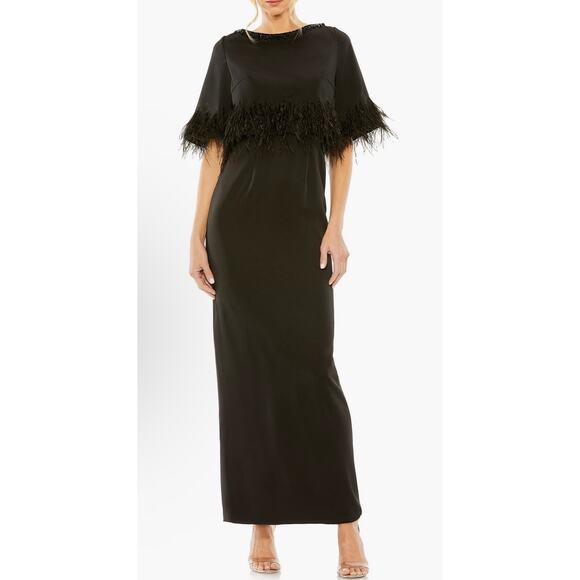 Mac Duggal Embellished Neck Feather Trim Cocktail Dress 11787 Size 14 Evening - Picture 1 of 16